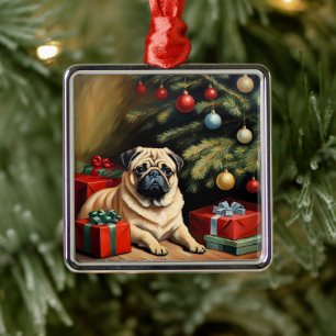 Ornement Carré Argenté Pug célèbre Noël