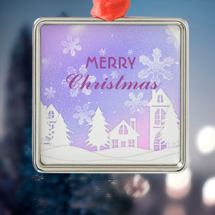 Ornement Carré Argenté Purple White House Snowflakes Noël 2023