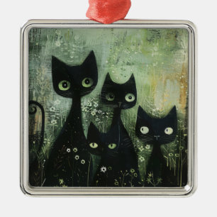 Ornement Carré Argenté Quatre chats noirs avec des pâquerettes sur gris m