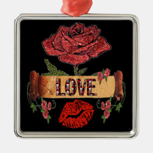 Ornement Carré Argenté RAB Rockabilly Valentine Roses, Love & Lipstick