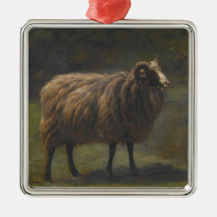 Ornement Carré Argenté Ram (Male Sheep) à la ferme (par Rosa Bonheur)