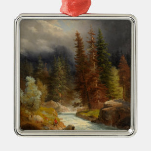 Ornement Carré Argenté Randonnée à côté d'une rivière torrentielle