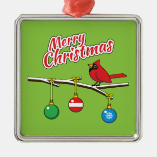 Ornement Carré Argenté Red Cardinal on Christmas