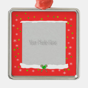 Ornement Carré Argenté Red Happy Holiday Snowflakes (cadre photo)