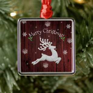 Ornement Carré Argenté Red Rustic Christmas Reindeer Ceramic Ornament