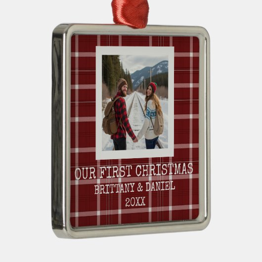 Ornement Carré Argenté Red Tartan Our First Christmas (Droite)