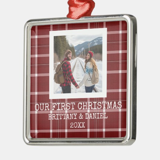 Ornement Carré Argenté Red Tartan Our First Christmas (Gauche)