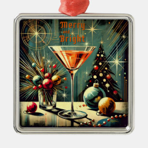 Ornement Carré Argenté Retro 50s Joyeux et Lumineux Martini de Noël