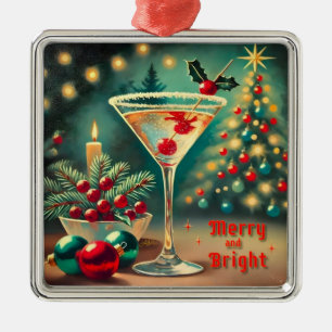 Ornement Carré Argenté Retro années 50 Cocktail Martini Noël Merry Bright