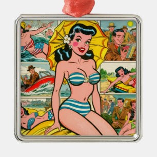 Ornement Carré Argenté Retro Bikini Girl Summer Comics