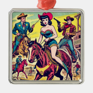 Ornement Carré Argenté Retro Country Western Comics