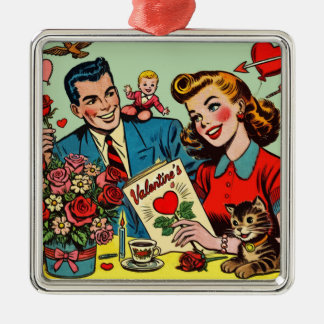 Ornement Carré Argenté Retro Couple Love Comics de Valentine