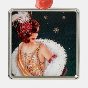 Ornement Carré Argenté Rétro dame vintage de Noël d'art déco de fête