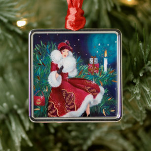 Ornement Carré Argenté Rétro dame vintage de Noël d'art déco de fête