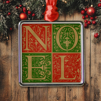 Ornement Carré Argenté Retro Noel rouge et vert Décor