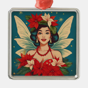 Ornement Carré Argenté Rétro Reine de Beauté Pin-Up de Noël Tropical des