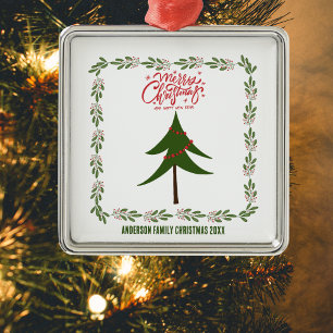 Ornement Carré Argenté Retro Vintage Christmas Tree & Wreath Nom de famil