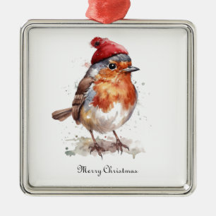 Ornement Carré Argenté Robin rouge de Noël, personnalisable