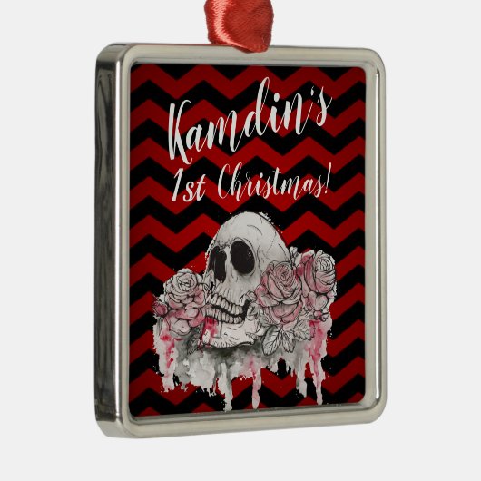 Ornement Carré Argenté Rose de crâne personnalisé Gothic Chevron rouge no (Droite)