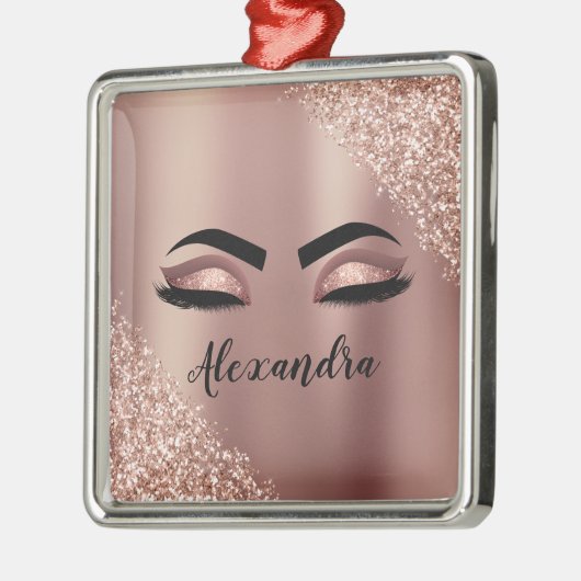 Ornement Carré Argenté Rose Gold Blush Pink Monogram Glitter Eyelashes (Gauche)