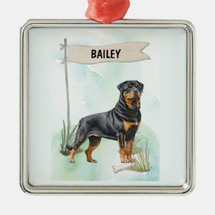 Ornement Carré Argenté Rottweiler Aquarelle Chien Personnalisé