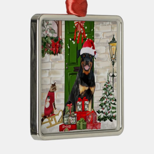 Ornement Carré Argenté Rotweiler Chien Noël (Droite)
