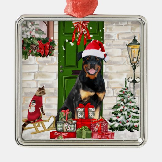 Ornement Carré Argenté Rotweiler Chien Noël (Devant)