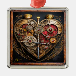 Ornement Carré Argenté Rubies Et Engrenages Coeur Steampunk Series