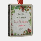 Ornement Carré Argenté Rustic Newlywees 1er Noël Milestone Keepsaké (Droite)