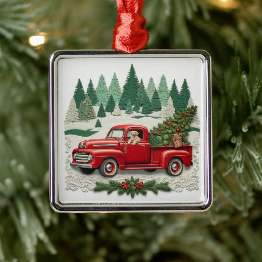 Ornement Carré Argenté Rustic Red Pickup Truck Christmas Tree (Arbre)