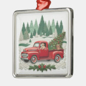 Ornement Carré Argenté Rustic Red Pickup Truck Christmas Tree (Gauche)
