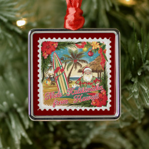 Ornement Carré Argenté Salutations de Noël de Hawaii Holiday