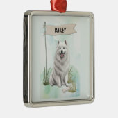 Ornement Carré Argenté Samoyed Watercolor Personalized Dog (Droite)
