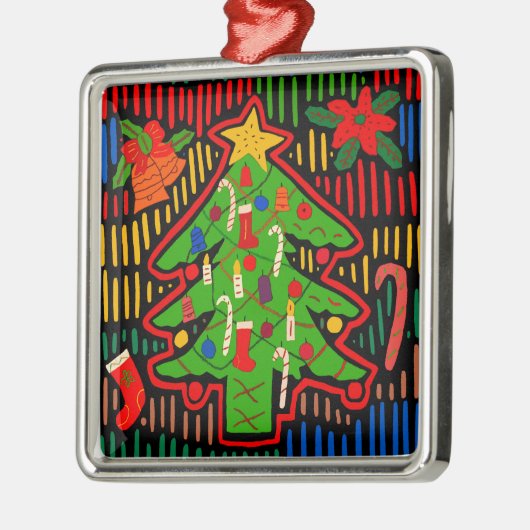 Ornement Carré Argenté San Blas Island Christmas Tree Mola (Gauche)