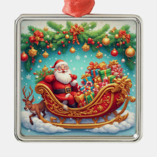Ornement Carré Argenté Santa Claus Riding Sleigh avec un renne
