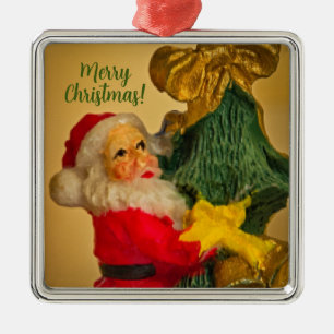 Ornement Carré Argenté Santa Claus sur sapin de Noël Vintage