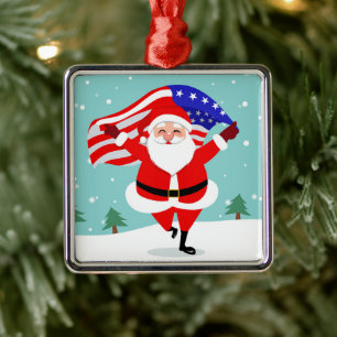 Ornement Carré Argenté Santa running with american flag