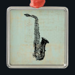Ornement Carré Argenté Saxophone Vintage Mint Green Music Art<br><div class="desc">Illustration saxophone de l'art antique à l'ancienne avec un arrière - plan classique de style papier de musique verte à la menthe. Fait un grand cadeau pour quiconque aime la musique.</div>