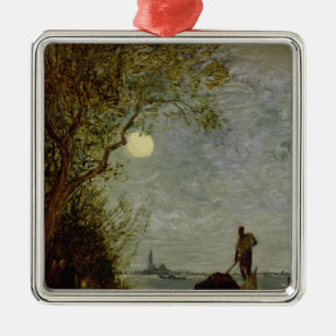 Ornement Carré Argenté Scène éclairée par la lune avec la gondole