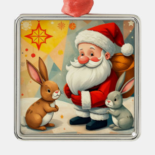 Ornement Carré Argenté Scène festive du Père Noël avec de mignons lapins