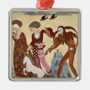 Ornement Carré Argenté Scène médiévale par Georges Barbier