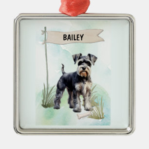 Ornement Carré Argenté Schnauzer Aquarelle Chien Personnalisé
