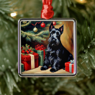 Ornement Carré Argenté Scottish Terrier à Noël