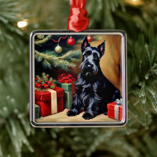 Ornement Carré Argenté Scottish Terrier à Noël (Arbre)