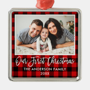Ornement Carré Argenté Script de brosse Famille Rouge Plaid Premier Noël