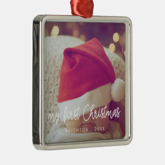 Ornement Carré Argenté Script moderne Ma première photo bébé de Noël (Droite)