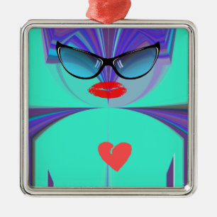 Ornement Carré Argenté Selfie du cœur