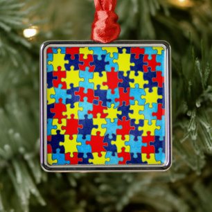 Ornement Carré Argenté Sensibilisation sur l'autisme-Puzzle par Shirley T