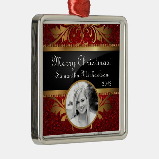 Ornement Carré Argenté Séquence de Parties scintillant rouge personnalisé (Droite)