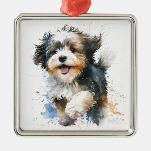 ORNEMENT CARRÉ ARGENTÉ SHAGGY ADORABLE HAVANESE PUPPY CHIEN